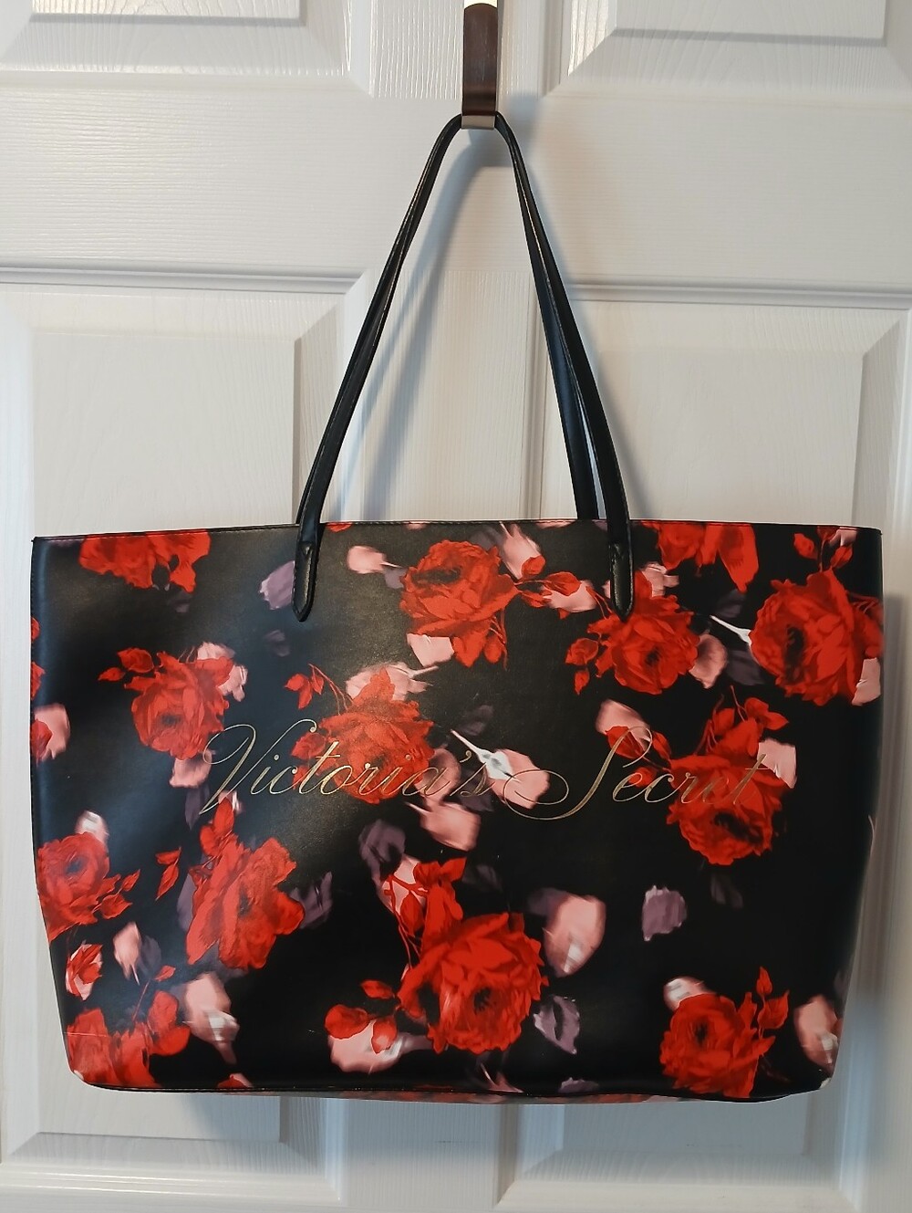 Victoria's Secret Black Tote with Red Floral Design